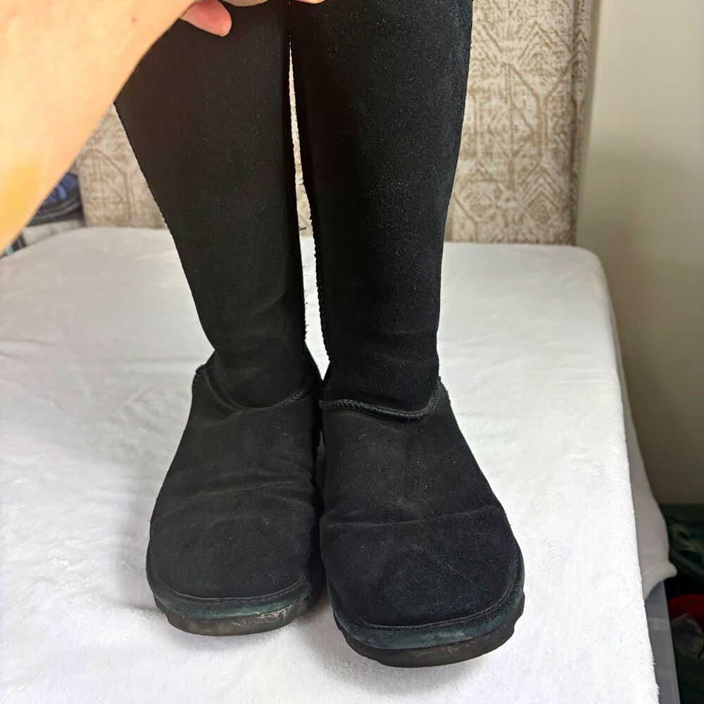 Bearpaw Knee High Boots Womens 10 Black Solid Suede Pull On Faux Fur Lined